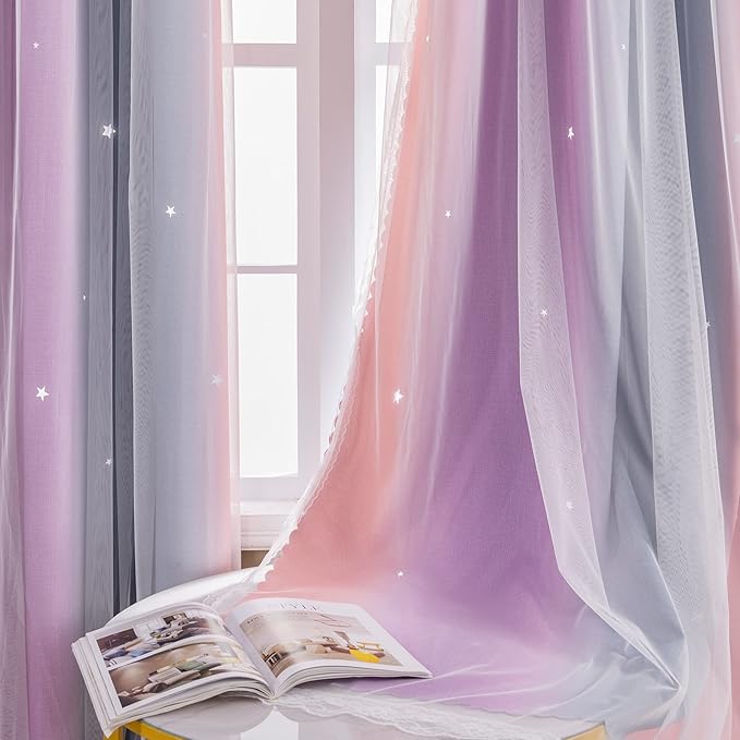 XiDi Dream Star Blackout Curtains for Kids Rooms Girl Princess Curtain for Daughter Bedroom Window (Grey Pink Purple, W52 X L63)