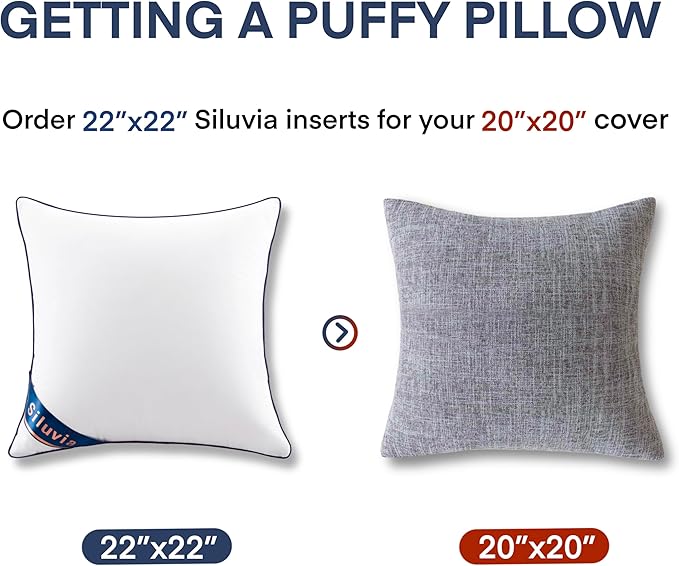 Siluvia 22"x22" Pillow Insert Set of 2 Square Throw 22 Pillows with 100% Cotton Cover for Sofa, Couch, and Bed - White