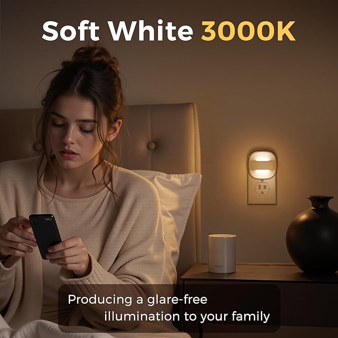 L LOHAS LED Night Lights Plug into Wall, Foldable Night Light with Dusk to Dawn Sensor, 2 Brightness Level, Ideal Nightlight for Bathroom, Hallway, Kitchen, 3000K Soft White, 4 Pack