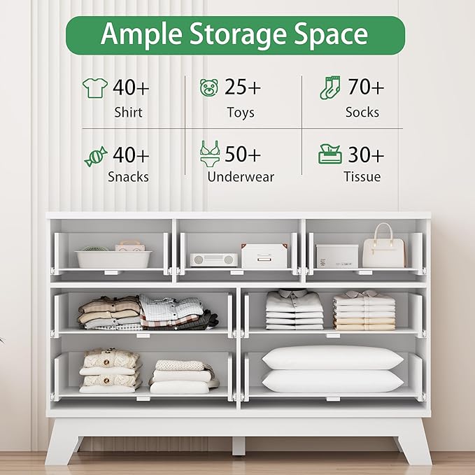 Fluted Dresser for Bedroom with 7 Drawers, 48" Wide Modern Chest of Drawers with Metal Handle, Wooden Dresser TV Stand, Wood Closet Clothes Storage Organizer for Living Room, Hallway, White