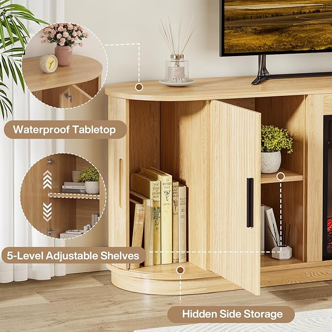 Fluted TV Stand with Fireplace, 60" Mid Century Modern TV Stand with Fireplace for Living Room, Entertainment Center with 18" Electric Fireplace & Sliding Doors, Wood Console for TV Up to 65"