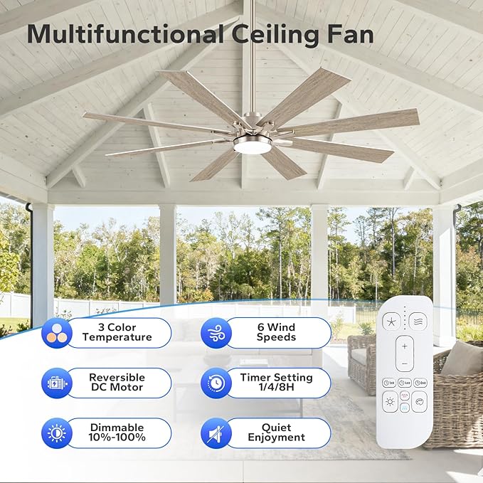 62 Inch Outdoor Ceiling Fan with Light, Modern Industrial Lighting & Ceiling Fans for Patios Porch Garage, Large Ceiling Fan with High CFM Reversible Energy Efficient DC Motor, Silver/Oak Dual Finish