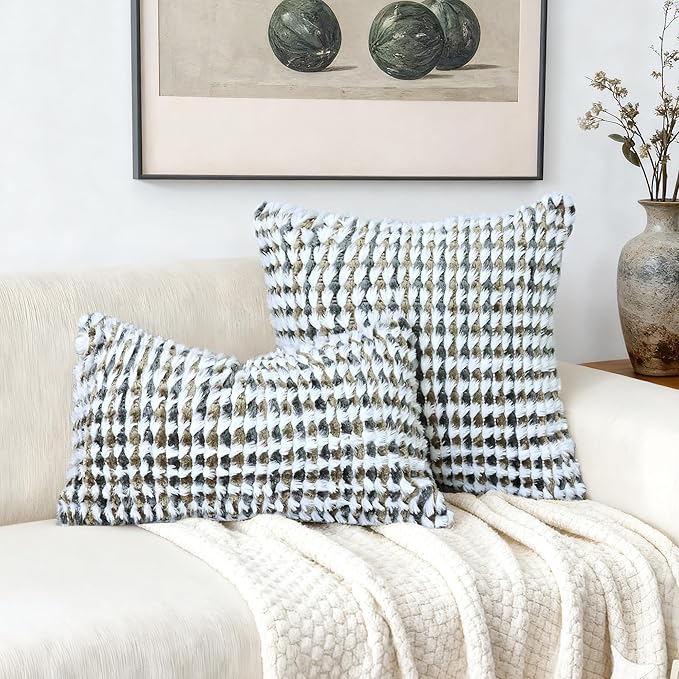 Boho Chenille Tufted Pillow Cover 24x24 Inch Set of 1, Farmhouse Striped Decorative Pillow Covers Accent Fluffy Neutral Square Pillowcases for Couch Sofa Bedroom Living Room, Brown Gray