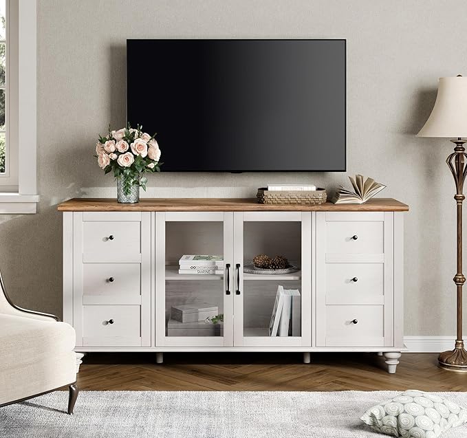 WAMPAT Farmhouse TV Stand for TVs Up to 65 inch, Glass Door TV Cabinet with Adjustable Shelf, Wooden Entertainment Center for 32-60 inch TV Console Table, Off White