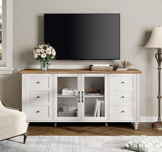 WAMPAT Farmhouse TV Stand for TVs Up to 65 inch, Glass Door TV Cabinet with Adjustable Shelf, Wooden Entertainment Center for 32-60 inch TV Console Table, Off White