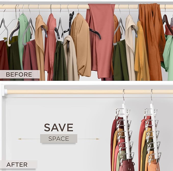 MORALVE Skirt Hangers Space Saving with Clips - 2 Pack - European Beechwood 5-Tier Hanger for Shorts, Skirts, and Pants - Closet Organizer and Storage Solution for Women with 360° Swivel Hook