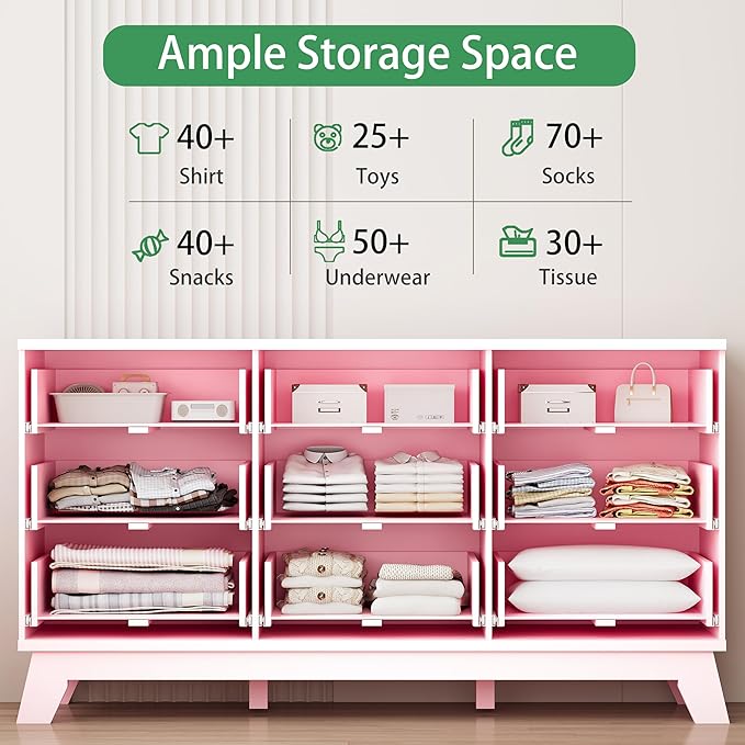 Fluted Dresser for Bedroom with 9 Drawers, 57" Wide Modern Chest of Drawers with Metal Handle, Wooden Dresser TV Stand, Wood Closet Clothes Storage Organizer for Living Room, Hallway, Pink