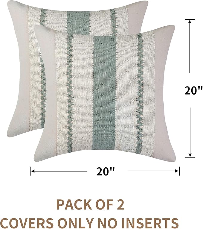 Boho Throw Pillow Covers Set of 2 Linen Farmhouse Pillow Covers 18x18,Rustic Decorative Throw Pillow Cover for Couch,Bed,Living Room (Sage Green, 20" x 20")