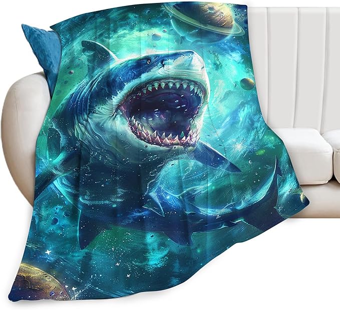 Funny Shark Throw Blanket, 60"x50", Multicolor, Microfiber, Shark Quilt, Modern Style, All Ages, All Seasons, Heavy Weight, Easy Care