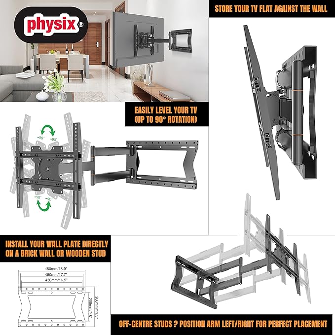 Physix 2080 Long Arm TV Wall Mount for 32-75'' Screens, Extension 32'', Heavy-Duty Max 88 lbs - Full Motion, Tilting & Swiveling, Max VESA 400x400