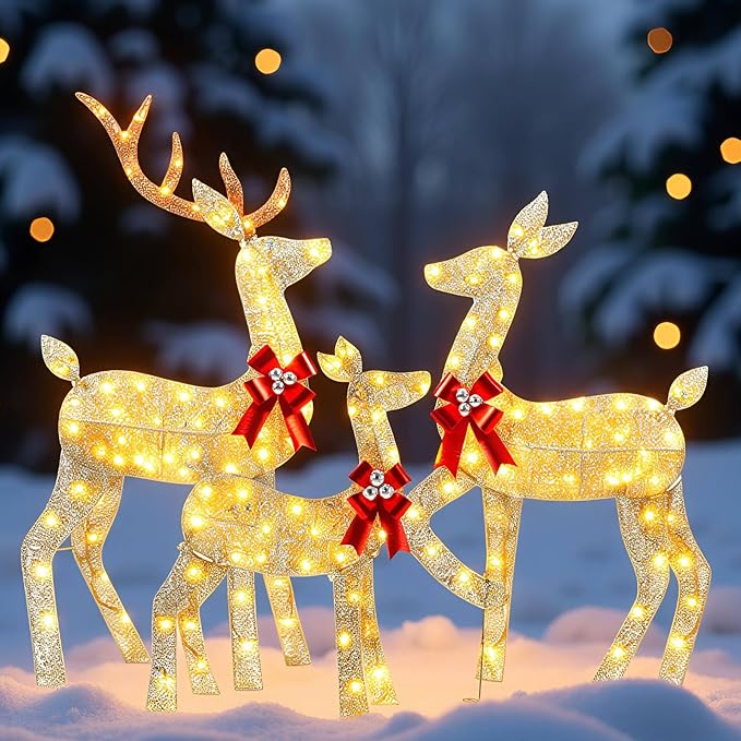 YULETIME 3-Piece Pre-lit 2D Christmas Reindeer Family, Lighted Glitter Christmas Deer Holiday Decoration with Warm White LED Lights