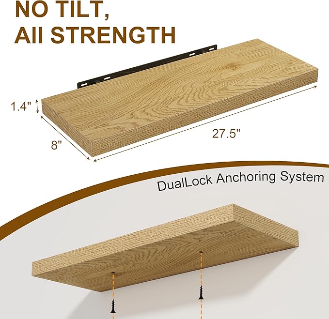 Floating Shelves for Wall, 27.5 Inch Bathroom Shelves Set of 2, Rustic Wood Wall Shelf with Invisible Brackets for Books|Storage|Decor, 8 Inch Deep Floating Shelf for Bedroom|Kitchen, Oak