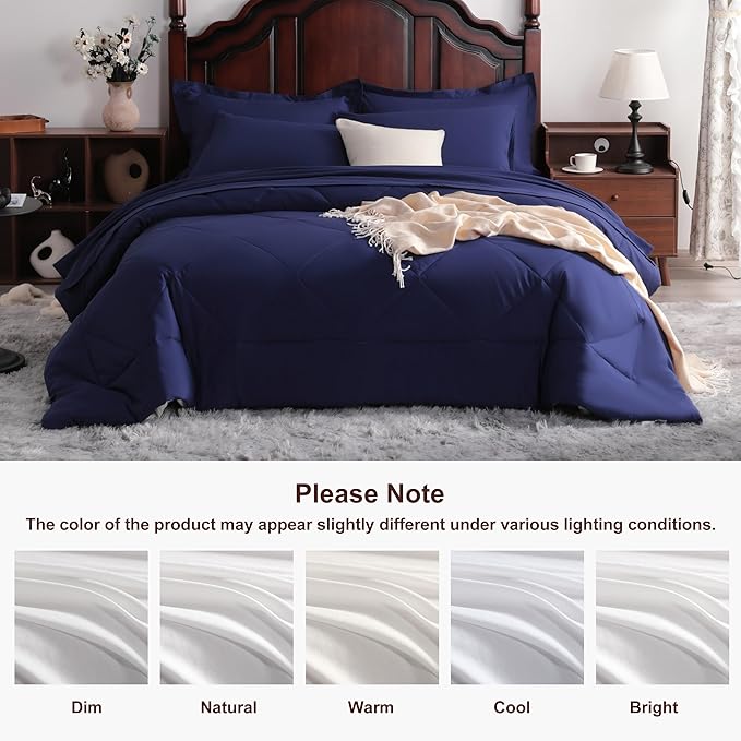 NTBAY Queen Comforter Set with Sheets, 7 Pieces Soft and Breathable Queen Bedding Set, Bed in a Bag, Down Alternative Comforter Set Solid Color All Season, Queen Bedding Set, Navy Blue