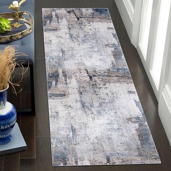 vivorug Runner Rug 2'x7' Machine Washable Non-Slip Runners for Hallways Kitchen Entryway Laundry Room Modern Abstract Carpet Hallway Runner Grey/Navy
