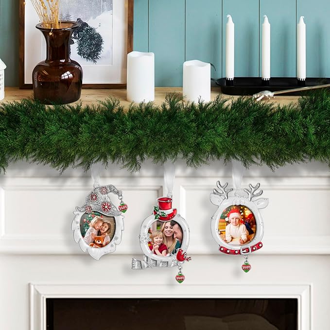 West style 2025 Snowflake Christmas Tree Ornaments Set 3 Pieces-Metallic Picture Frame Ornament Hanging Home Deco Gnomes Reindeer Hanging Pendant Holiday Keepsake Gift (White)