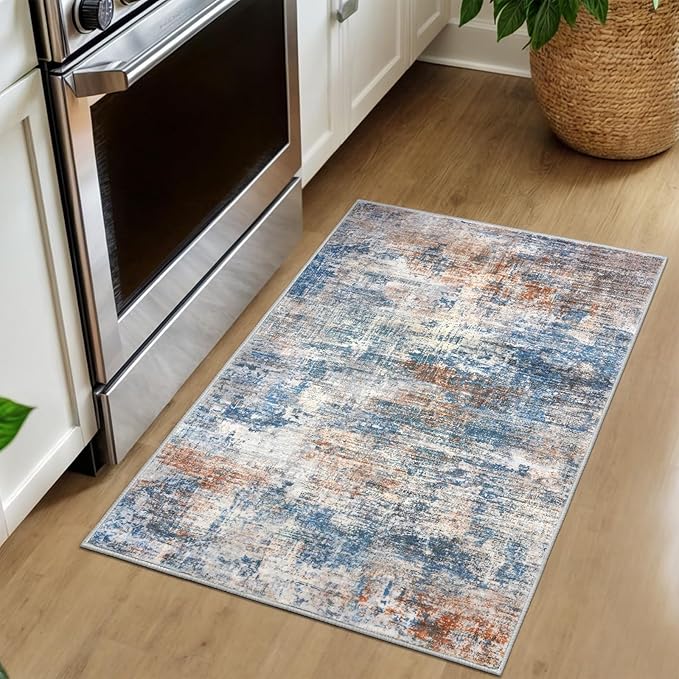 IOHOUZE Small Abstract Area Rug 2x3 Ft Entryway Rugs Washable Door Mat Indoor Entrance, Rubber Backed Throw Rugs, Printed Faux Wool Non Slip Floor Carpet for Foyer Front Door Sink, Blue Rust