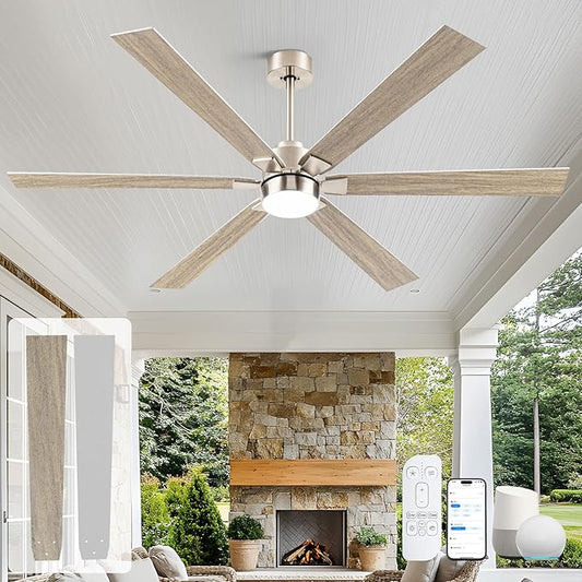 66 Inch Smart Ceiling Fan with Light, Large Modern Industrial Ceiling Fan with Remote/APP/Alexa Control, High CFM Quiet DC Indoor Outdoor Ceiling Fans for Patios Living Room Bedroom, Nickel & Oak