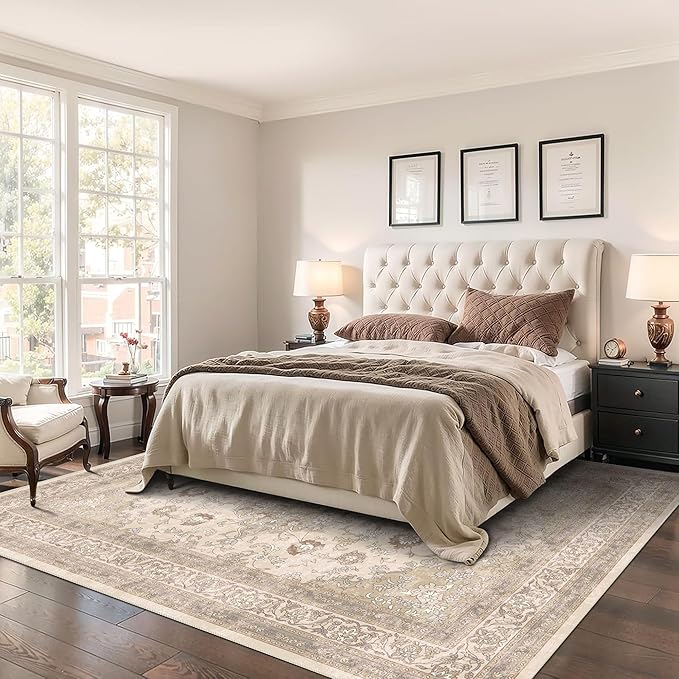 vivorug 4x6 Rug, Small Neutral Area Rug for Living Room, Bedroom, Kitchen, Machine Washable Non-Slip Throw Rug, Vintage Floral Carpet for Entryway Nursery Coffee Table - Durable (Beige)