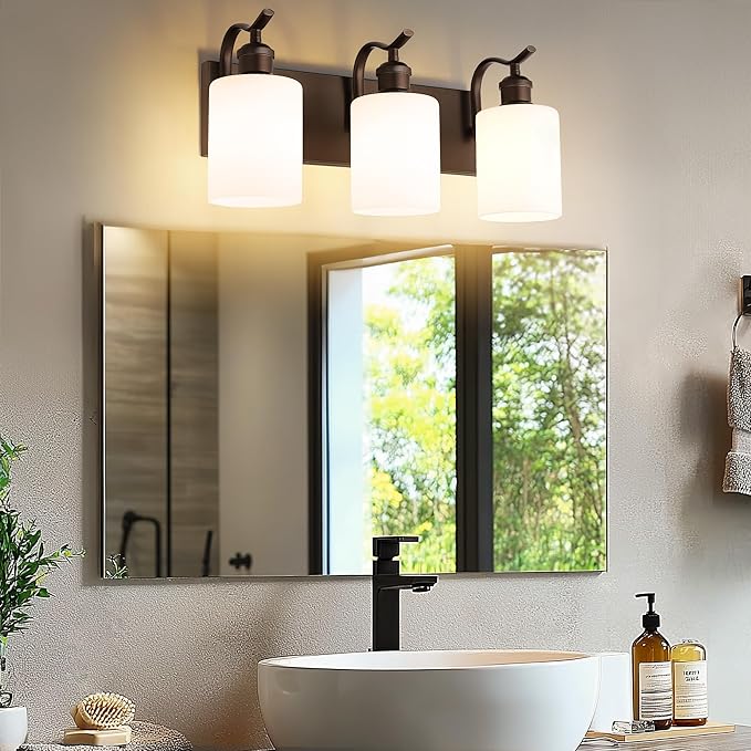 3 Light Bathroom Vanity Light, Morden Vanity Lighting Fixtures Over Mirror Oil Rubbed Bronze Bathroom Sconces Wall Lighting with Milky White Frosted Shade ZCVL01ORBW-3