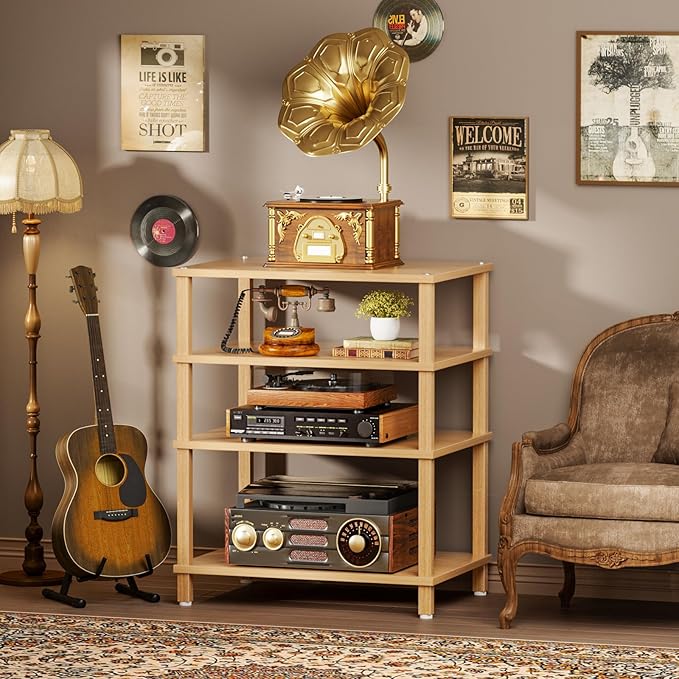 4-Tier AV Media Player Stand, Natural Stereo Cabinet, Modern Audio Shelf, Wooden TV Stand,Game Console Shelf, Multifunctional Entertainment Center, Suitable for Home, Conference Room, Game Studio