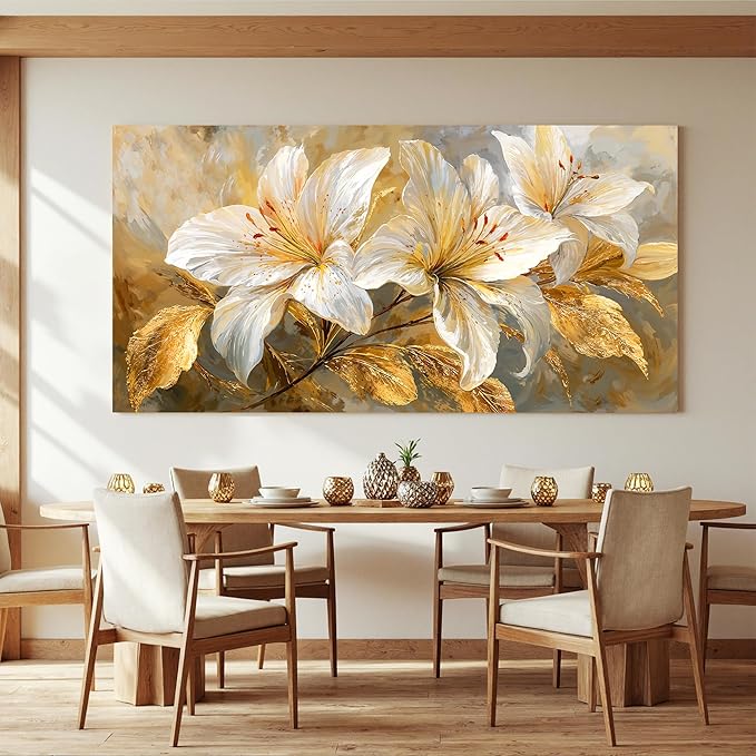 Canvas Wall Art Decor White Flower large wall art Decor For Living Room Gold Botanical Wall Art Decor Modern Aesthetics Wall Art Paintings Prints For Home Bedroom Office Room Wall Decor 24×48 Inch