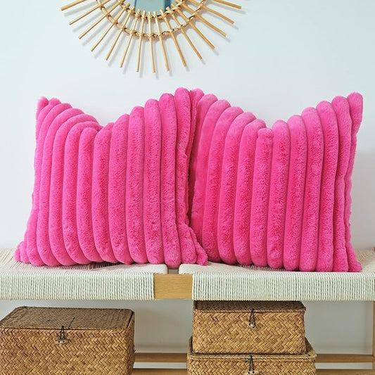 JOJUSIS Pack of 2 Faux Fur Plush Decorative Throw Pillow Covers Couch Cushion Case Soft Pillowcases (Hot Pink, 18 x 18-Inch)
