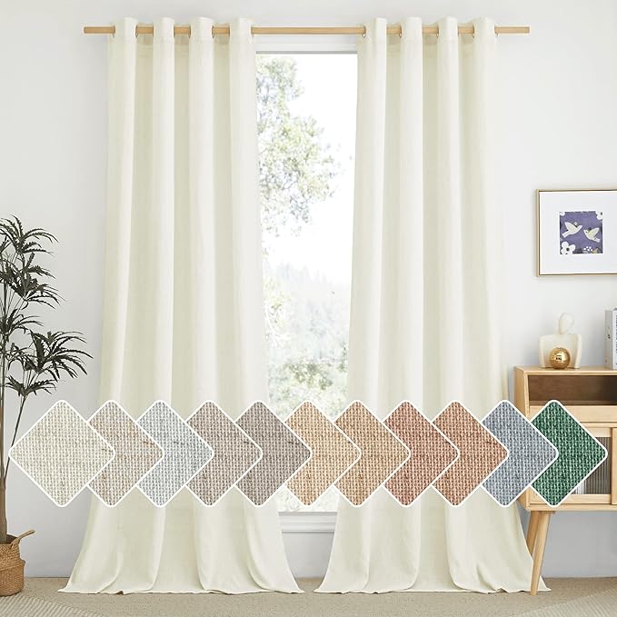 NICETOWN Privacy Off White Linen Blend Curtains Extra Long 108" Long, Rustic Grommet Elegant Vertical Flax Semi Sheer Panels for Farmhouse/French Door, 110" W Total 2 Panels