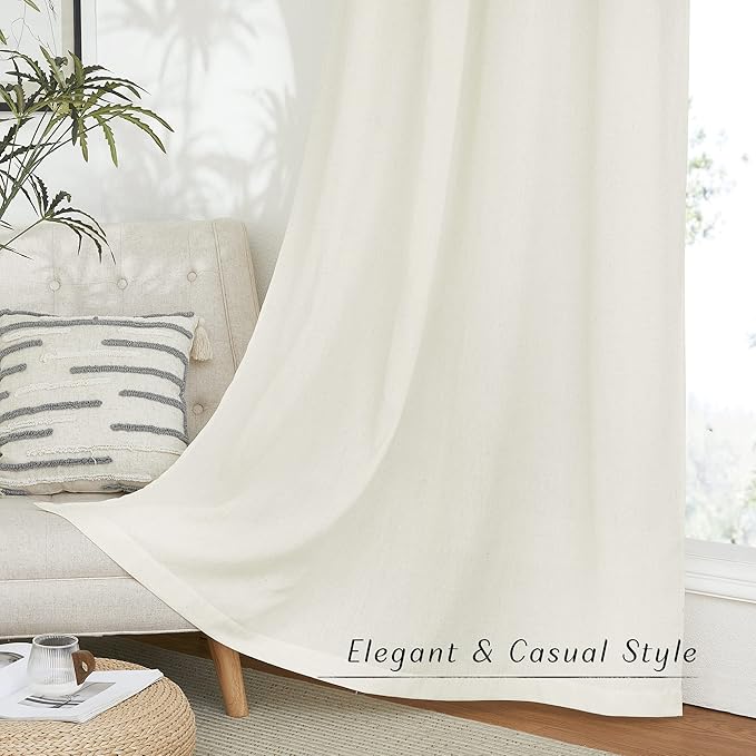 NICETOWN Privacy Off White Linen Blend Curtains Extra Long 108" Long, Rustic Grommet Elegant Vertical Flax Semi Sheer Panels for Farmhouse/French Door, 110" W Total 2 Panels
