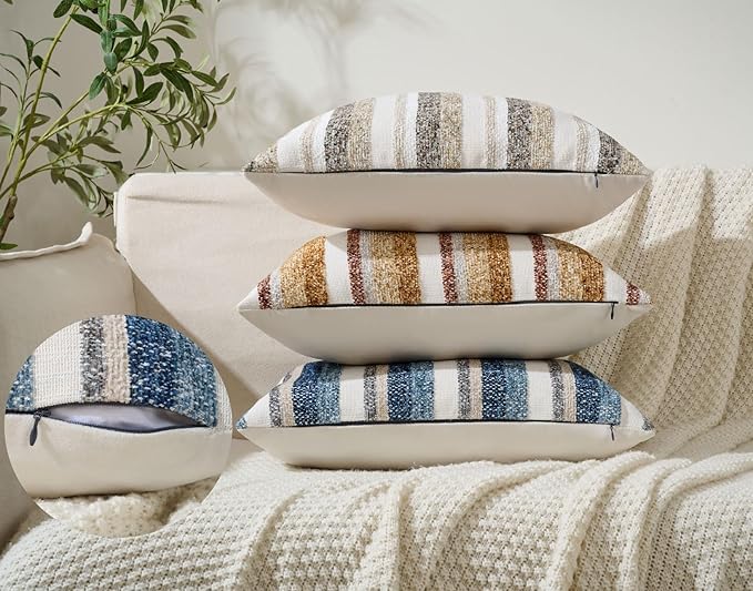 Zealax Modern Farmhouse Decorative Lumbar Pillow Covers 12x20 Inch Boho Throw Pillows Neutral Soft Chenille Couch Cushion Covers, Set of 2 Velvet Striped Accent Pillows Cases for Sofa Bed, Blue