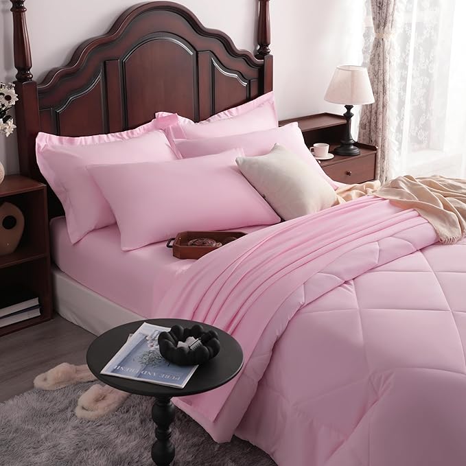 NTBAY Queen Comforter Set with Sheets, 7 Pieces Soft and Breathable Queen Bedding Set, Bed in a Bag, Down Alternative Comforter Set Solid Color All Season, Queen Bedding Set, Pink