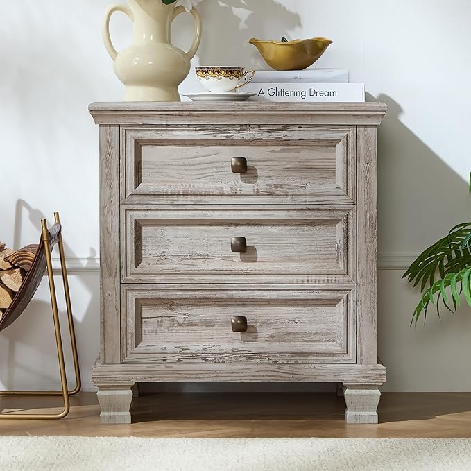 Farmhouse Nightstand with 3 Drawers, Rustic Couch End Table with 4 Square Solid Wood Legs, Mid-Century Vintage Bed Side Table with Storage, Small Dresser for Bedroom, Living Room, Grey