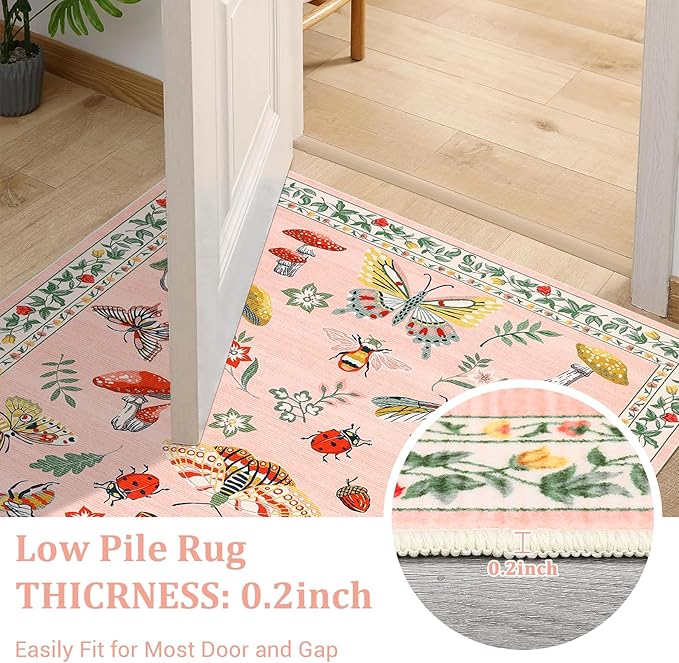 Mushroom Insect Washable Rug 5x7 Area Rugs for Bedroom Non Slip with Rubber Back Low Pile Stain Resistant Modern Butterfly Carpet for Living Room Nursery Kitchen Dining Room Light Pink