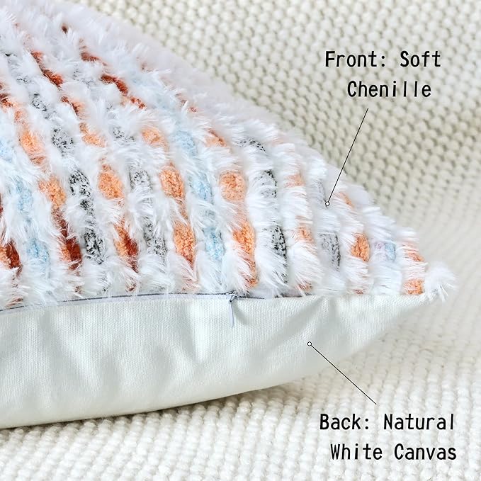 Boho Chenille Tufted Pillow Cover 24x24 Inch Set of 1, Farmhouse Striped Decorative Pillow Covers Accent Fluffy Neutral Square Pillowcases for Couch Sofa Bedroom Living Room, Orange White