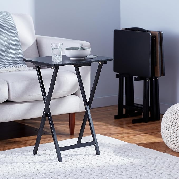 Amazon Basics Portable TV Dinner 4-Pack Rectangular Folding Tray Table with Storage Rack, Black, 15" x 19" x 26"