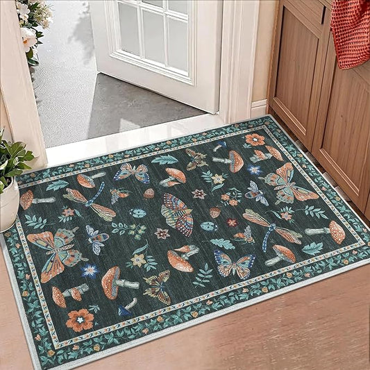 Mushroom Small Rug 2x3 Washable Door Mat Indoor Rugs for Entryway Non-Slip Soft Ultra-Thin Stain Resistant Foldable Rugs Kitchen Bedroom Living Room Black