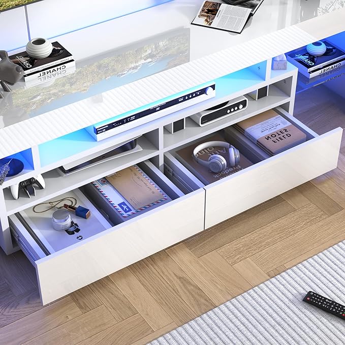 TV Stand with 16 Color LED Lights, Media Console with Drawer and Glass Open Shelf for 65/75/85 inch TV, Modern Gloss Entertainment Center for Living Room Bedroom, White