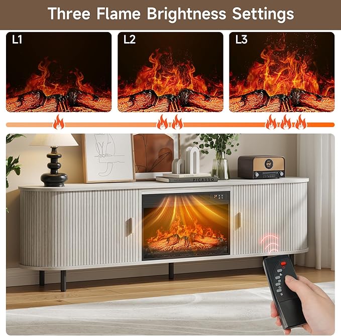 70.8" Fluted Fireplace TV Stand with 23" Electric Fireplace, Modern Chic Entertainment Center for TVs Up to 80 inches, Wooden Curved Media Console with Sliding Doors for Living Room, White Oak