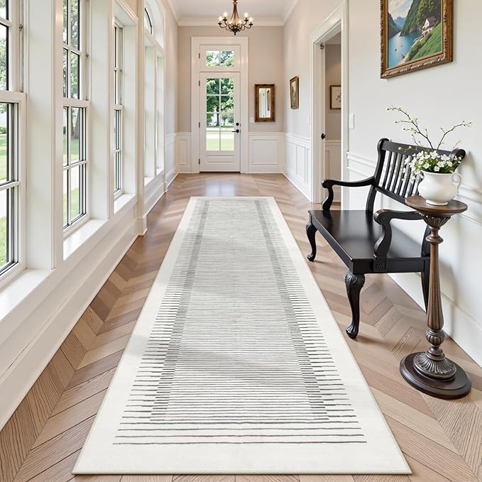 Morebes Modern White 2.5x8 Hallway Runner Rug, Berber Striped Kitchen Rugs Non Slip Washable Runner Rug, Soft Low Pile Indoor Floor Carpet for Bathroom Bedroom Laundry