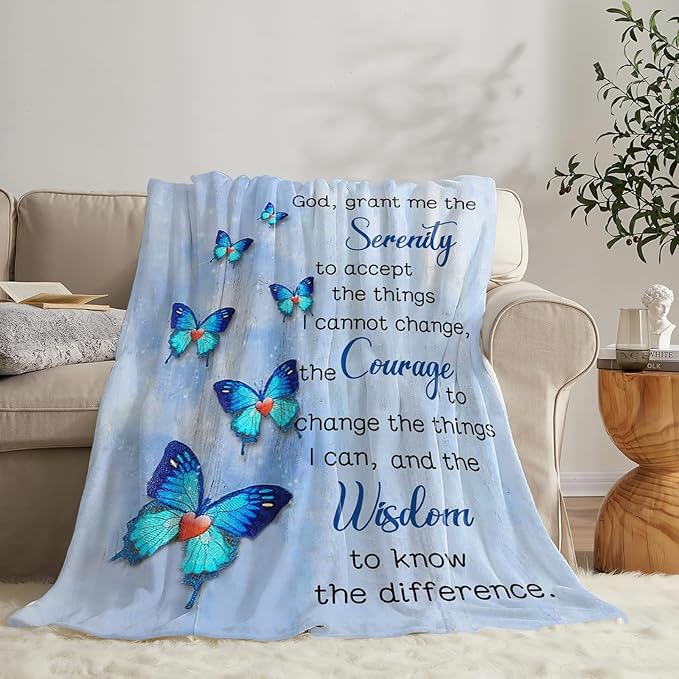 Tijuboni Christian Serenity Prayer Throw Blanket Blue Butterfly Gifts for Women Men Girls Boys Kids Adults Soft Flannel Fleece Blanket for Couch Sofa Bed Home Decor 60"x80"