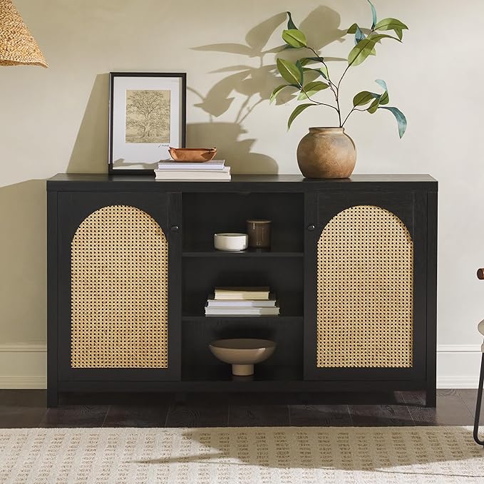 Walker Edison Sasha 2-Door Sideboard Buffet with Arched Rattan Panels, 58 Inch, Black