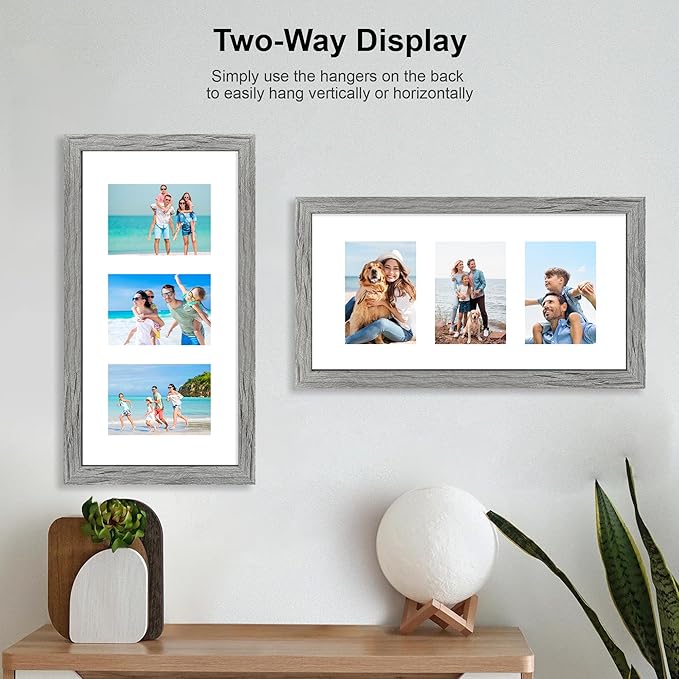 10x20 Picture Frame Set of 2, Rustic Grey Wood Frame with Real Glass Collage Frame, Display Pictures Three 5x7 With Mat or 10 x 20 Without Mat - Horizontal or Vertical Wall Mounting