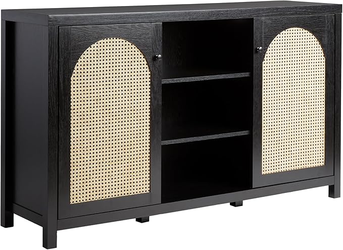 Walker Edison Sasha 2-Door Sideboard Buffet with Arched Rattan Panels, 58 Inch, Black