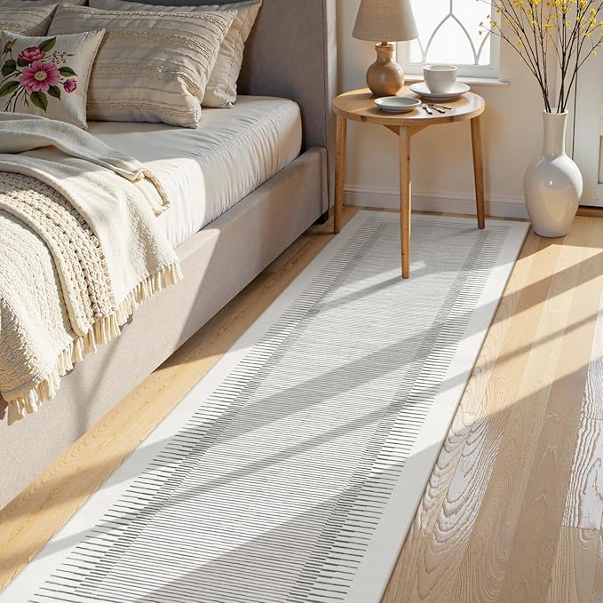 Morebes Modern White 2.5x8 Hallway Runner Rug, Berber Striped Kitchen Rugs Non Slip Washable Runner Rug, Soft Low Pile Indoor Floor Carpet for Bathroom Bedroom Laundry