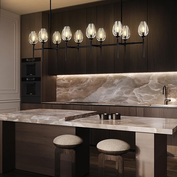 Modern Crystal Chandelier 10 Lights Black, 65in Tulip Black Rectangle K9 Crystal Chandeliers, Pendant Ceiling Light for Dining Living Room Bedroom Entryway, E12 Bulbs Included