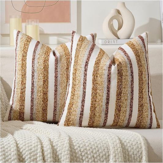 Zealax Modern Farmhouse Decorative Pillow Covers 20x20 Inch Boho Throw Pillows Soft Chenille Couch Cushion Covers, Set of 2 Velvet Striped Accent Pillows Cases for Sofa Bed Living Room, Golden Yellow