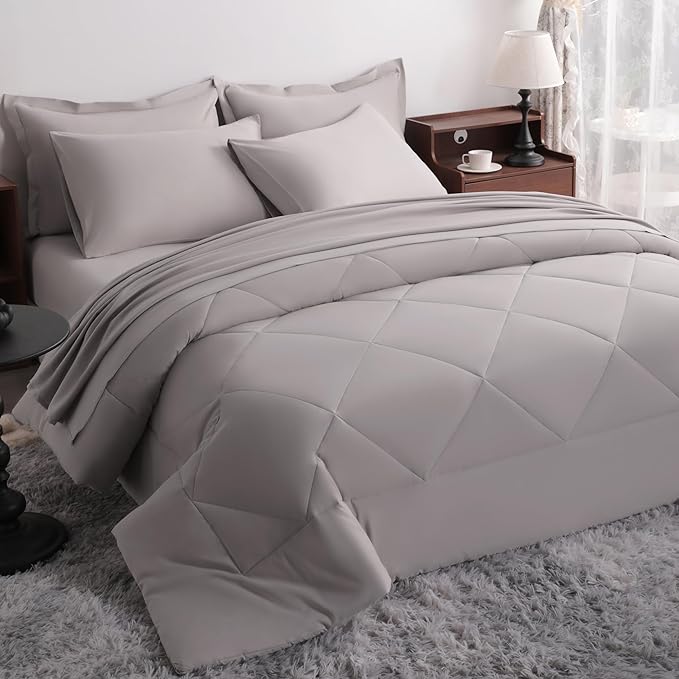 NTBAY Queen Comforter Set with Sheets, 7 Pieces Soft and Breathable Queen Bedding Set, Bed in a Bag, Down Alternative Comforter Set Solid Color All Season, Queen Bedding Set, Smoke Grey