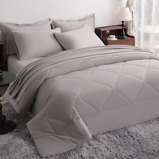 NTBAY King Comforter Set with Sheets, 7 Pieces Soft and Breathable King Bedding Set, Bed in a Bag, Down Alternative Comforter Set Solid Color All Season, Smoke Grey