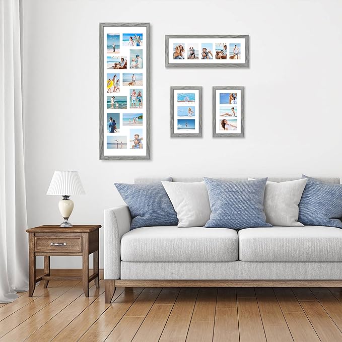 10x20 Picture Frame Set of 2, Rustic Grey Wood Frame with Real Glass Collage Frame, Display Pictures Three 5x7 With Mat or 10 x 20 Without Mat - Horizontal or Vertical Wall Mounting