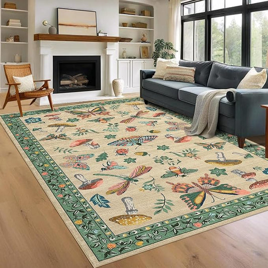 Mushroom Insect 8x10 Area Rugs, Washable Rugs for Living Room Non Slip Stain Resistant Low Pile Modern Butterfly Carpet for Bedroom Dining Room Nursery Playroom Office, Khaki Green
