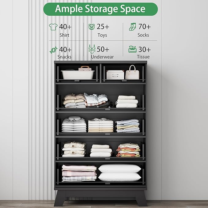 Fluted Dresser for Bedroom with 6 Drawers, 46" Tall Modern Chest of Drawers with Metal Handle, Wooden Dresser TV Stand, Wood Closet Clothes Storage Organizer for Living Room, Hallway, Black